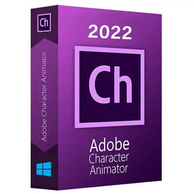 Adobe Character Animator 2023 software box for Windows, showcasing vibrant purple design and logo.