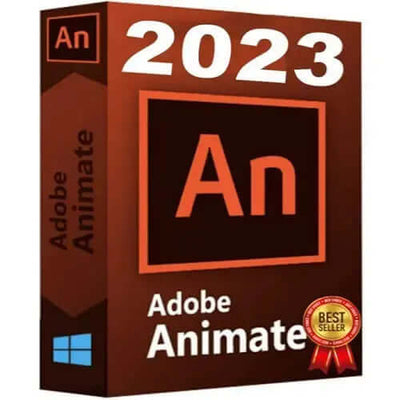 Adobe Animate 2023 Full Version box for Windows with best seller badge.