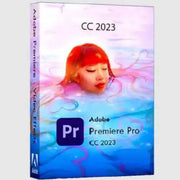 Adobe Premiere Pro CC 2023 software box featuring a colorful design and a woman in water, ideal for video editing.