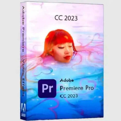 Adobe Premiere Pro CC 2023 software box featuring a colorful design and a woman in water, ideal for video editing.