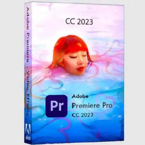 Adobe Premiere Pro CC 2023 software box featuring a colorful design and a woman in water, ideal for video editing.