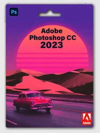 Adobe Photoshop CC 2023 software package featuring a vintage car against a vibrant sunset backdrop.