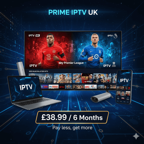 Prime IPTV 6 Month subscription plan featuring devices, channels, and pricing at £38.99 for 6 months.