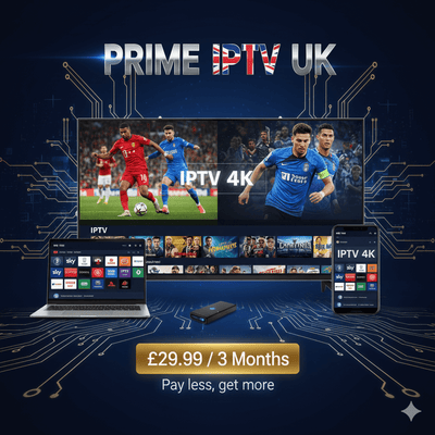 Prime IPTV 3 Month subscription plan featuring IPTV 4K on multiple devices for £29.99 with premium live TV options.