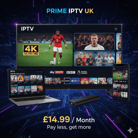 Prime IPTV 1 Month subscription plan displayed on multiple devices with 4K Ultra HD quality for £14.99 a month.
