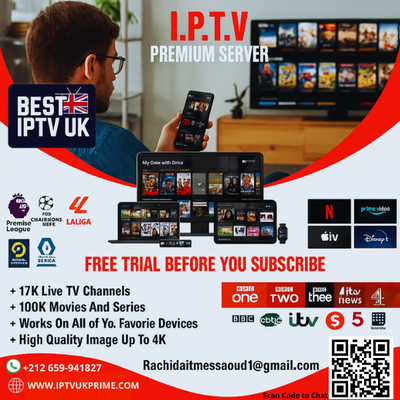 Advertisement for IPTV service with a man using a device, TV screen displaying content, and various logos.