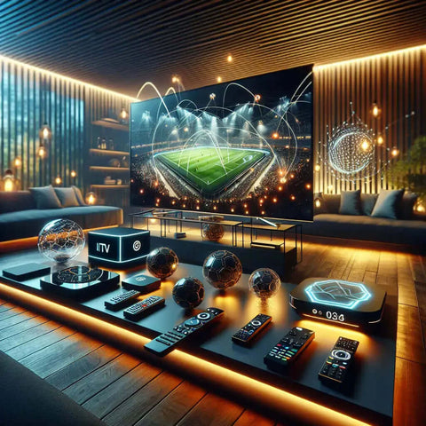 Premium IPTV UK Modern living room setup with a large screen displaying a live football match and streaming devices.