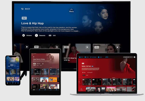 Devices Premium IPTV UK streaming VH1 with 'Love & Hip Hop' and 'Better Call Saul' on multiple screens.