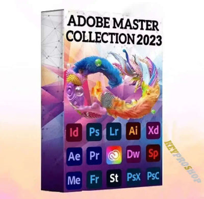 Adobe Creative Master Collection 2023 box art showcasing 16 integrated apps for creative professionals.