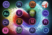 Adobe Creative Master Collection 2023 apps icons on a colorful background showcasing creative tools.